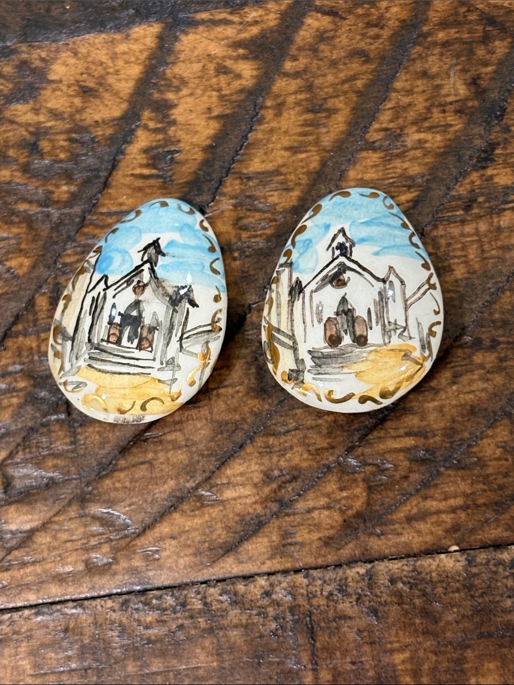 Vintage Hand-Painted Ceramic Dome Clip Earrings in Blue, Brown & Gold